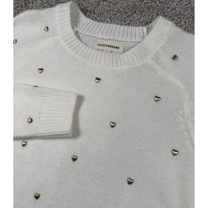 Lucky Brand Women's‎ Gold Heart Stud Cream Sweater All Over Large